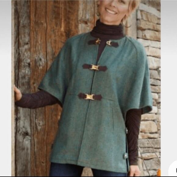 Soft Surroundings M Wool Blend Toggle Cape Jacket Teal Herringbone Short Sleeve - Picture 1 of 5
